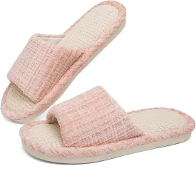 Womens Slippers, Linen Flax House Slippers for Women Men Unisex, Cute Soft Open Toe Summer Bedroom Slides House Shoes Indoor Outdoor Shower Drys fast
