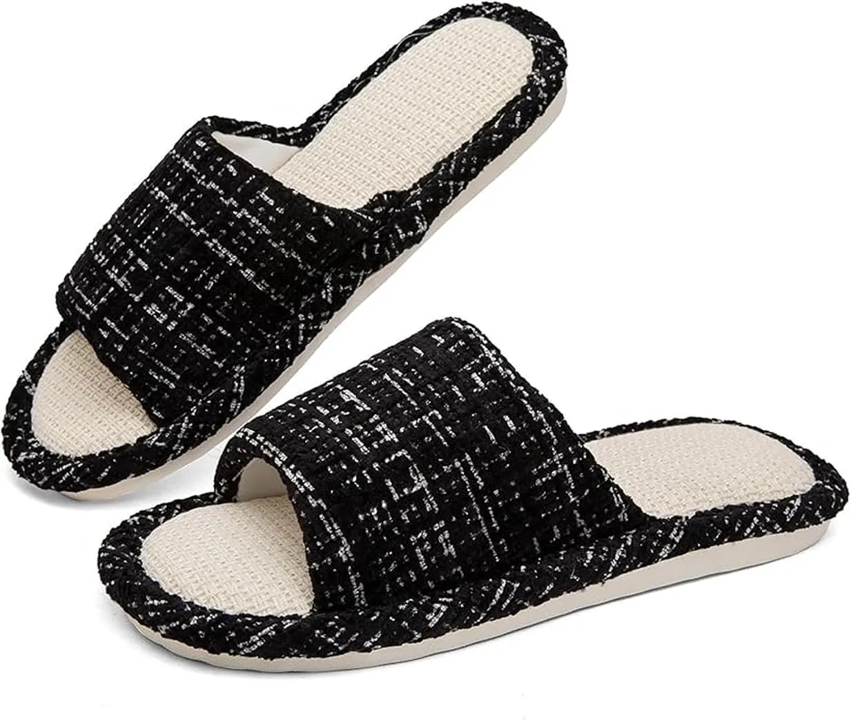 Womens Slippers, Linen Flax House Slippers for Women Men Unisex, Cute Soft Open Toe Summer Bedroom Slides House Shoes Indoor Outdoor Shower Drys fast