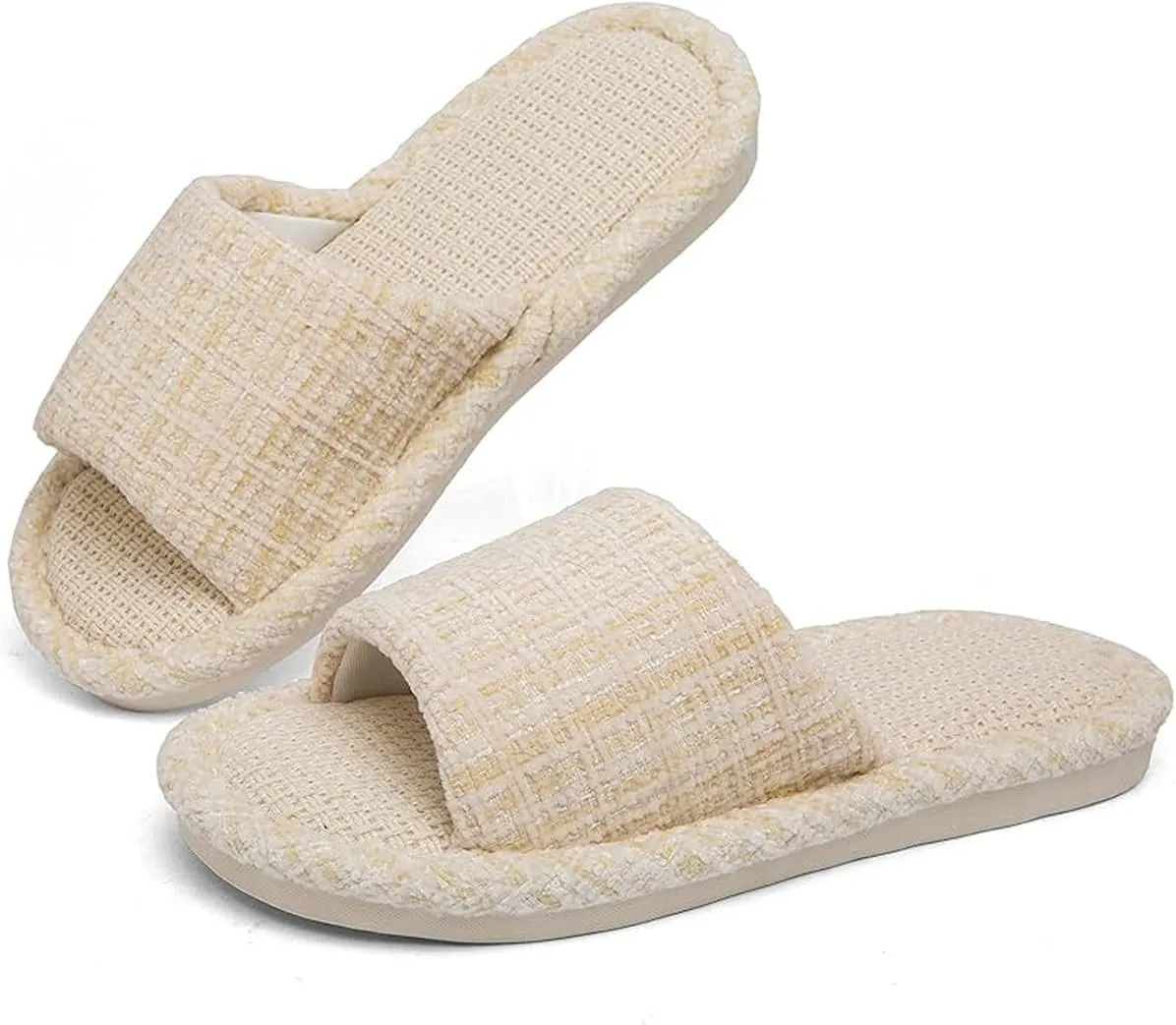 Womens Slippers, Linen Flax House Slippers for Women Men Unisex, Cute Soft Open Toe Summer Bedroom Slides House Shoes Indoor Outdoor Shower Drys fast